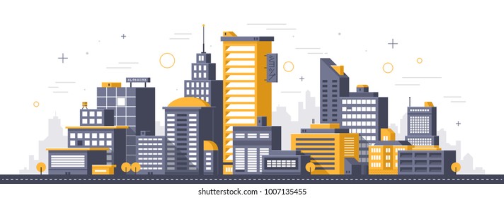 City illustration. Towers and buildings in modern flat style on white background