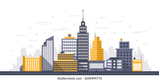 City illustration. Towers and buildings in modern flat style on white background