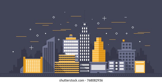 City illustration. Towers and buildings in modern flat style on dark background