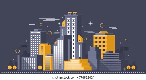 City illustration. Towers and buildings in modern flat style on dark background