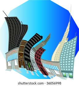 City Illustrations in cartoon warped building effect vector