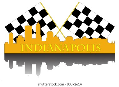 City of Indianapolis high rise buildings skyline with racing finish flags