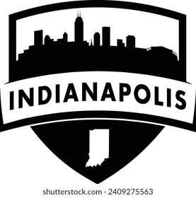 City of Indianapolis Indiana black and white shield style city buildings silhouette shield graphic with knockout white outline of the state border shape under name. Vector eps design. 