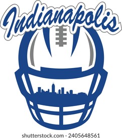 City of Indianapolis Indiana downtown buildings skyline silhouette inside face mask of football helmet with laces and script lettering above. Vector eps graphic design.