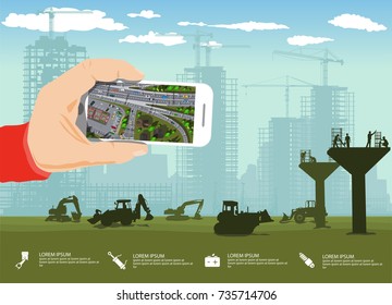 City info graphics with city district under construction