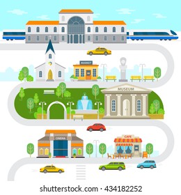City infographic elements, town vector flat illustration. Railway station, museum, church building, cinema, park, statue, market, cafe, cars vector flat design. Green city with landmarks and buildings