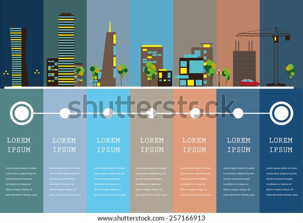 City info-graphic illustration with colorful
icons of buildings