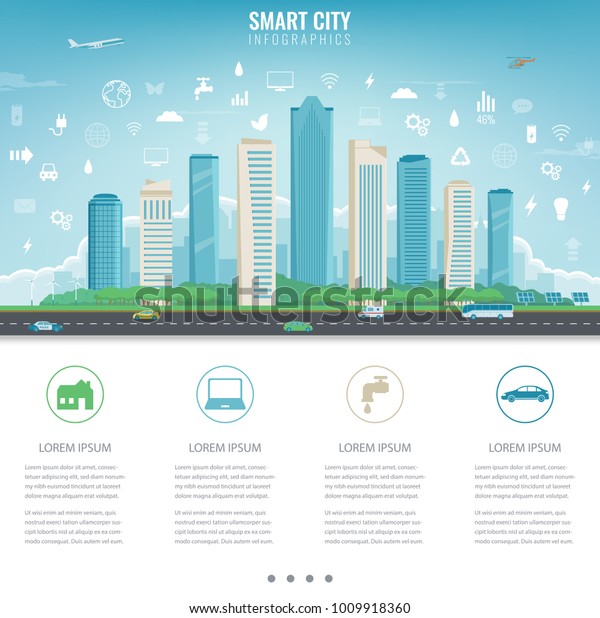 City infographic. Modern city with infographic\
elements. Smart city.\
Vector
