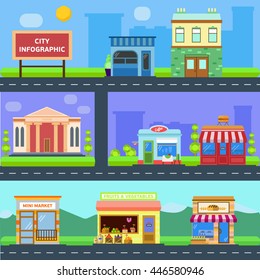 City infographic. Set of buildings to create urban background, village and town landscape. Flat style vector illustration.