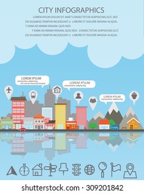 city infographics background and elements, there are village, building, road, transportation, Can be used for statistic , business data, web design, info chart, brochure template. vector illustration