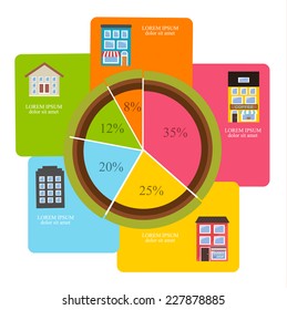 City infographics with colorful house icons set, vector illustration