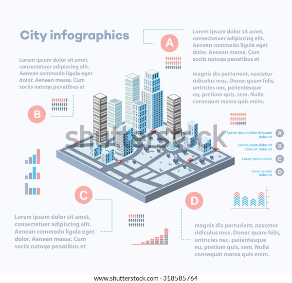 City infographics consisting of a urban\
block of skyscrapers with graphs and\
diagrams