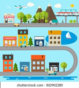 City infographics design elements with different stores and shops collection, transport icons, people,  vector illustration