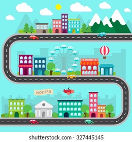 City infographics design elements set. Collection in flat style with buildings, road and transport. Vector illustration.