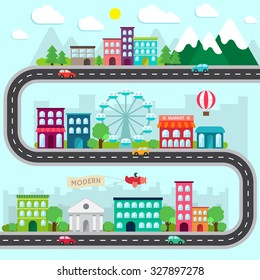 City infographics design elements set. Collection in flat style with buildings, road and transport. Vector illustration.