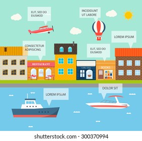 City infographics design elements with shops, buildings, transport, vector illustration