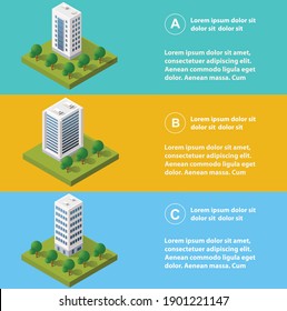 City infographics in isometric with skyscrapers, streets, and trees. Top view of urban infrastructure for the creation and design.