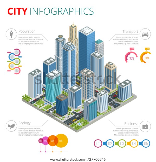 City Infographics. Isometric vector\
city with skyscrapers, streets and vehicles, commercial and\
business area infographic with graphs, icons and\
diagrams.