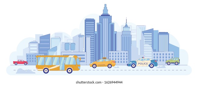 City Infrastructure, Central Road, Flat Banner. Cars, Trucks, Bus, Police Car and Taxis are Moving along Road City’s Business District. In Background is Modern Architecture Big Town.