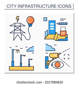 City infrastructure color icons set. Planning city, video surveillance, street lightning, electricity supply. Industrialization Isolated vector illustrations