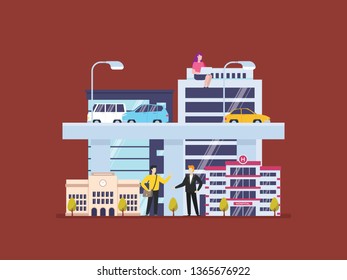 City infrastructure development. City scape, tower, and mass transportation development. Infrastructure of a city with tiny people illustration. Suitable for header, hero image, website, poster.
