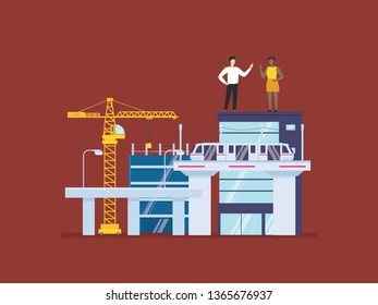 City infrastructure development. City scape, tower, and mass transportation development. Infrastructure of a city with tiny people illustration. Suitable for header, hero image, website, poster.