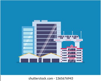 City infrastructure development. City scape, tower, and mass transportation development. Infrastructure of a city with tiny people illustration. Suitable for header, hero image, website, poster.
