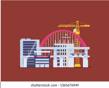 City infrastructure development. City scape, tower, and mass transportation development. Infrastructure of a city with tiny people illustration. Suitable for header, hero image, website, poster.