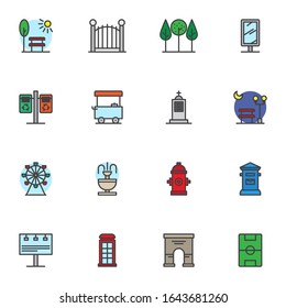 City infrastructure filled outline icons set, line vector symbol collection, Urban infrastructure linear colorful pictogram pack. Signs, logo illustration, Set includes icons as park trees, fountain