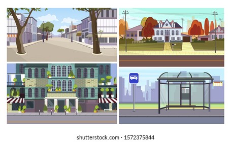 City infrastructure flat vector illustration set. City centre, shops, bus stop, residential area. Tourism and nature concept