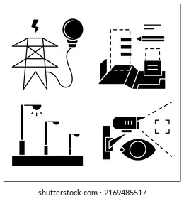 City infrastructure glyph icons set. Planning city, video surveillance, street lightning, electricity supply. Industrialization.Filled flat sign. Isolated silhouette vector illustration