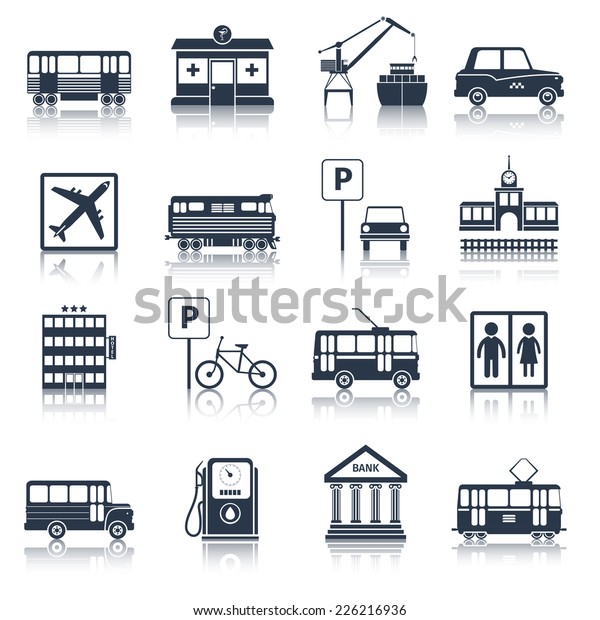 City infrastructure icons\
black set with tram pharmacy port taxi isolated vector\
illustration