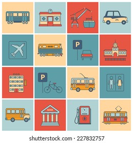 City infrastructure icons flat line set with bus oil bank tram isolated vector illustration