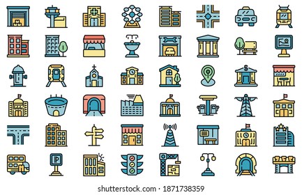 City infrastructure icons set. Outline set of city infrastructure vector icons thin line color flat on white