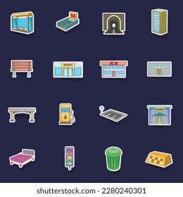 City infrastructure icons set stikers collection vector with shadow on purple background