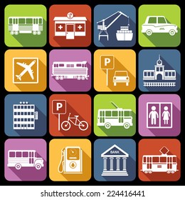 City infrastructure icons white set with airport metro parking station isolated vector illustration