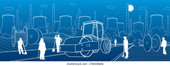 City infrastructure illustration. Road repair, service highway. Power plant at background. Construction site builders. Outline Urban scene. White lines on blue background. Vector design art