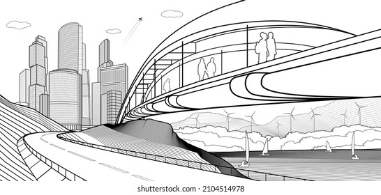 City infrastructure industrial and cityscape illustration. People walk across the river bridge. Automobile road in mountains. Black outlines on white background. Vector design art