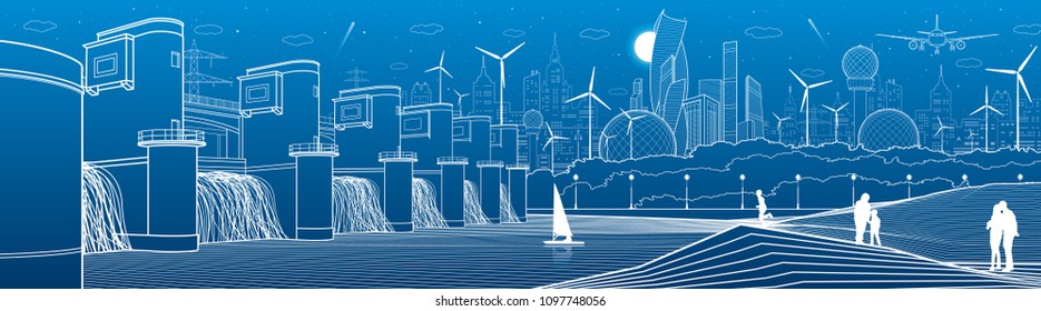 City infrastructure industrial and energy illustration panorama. Hydro power plant. River Dam. People walking. Airplane fly. White lines on blue background. Vector design art