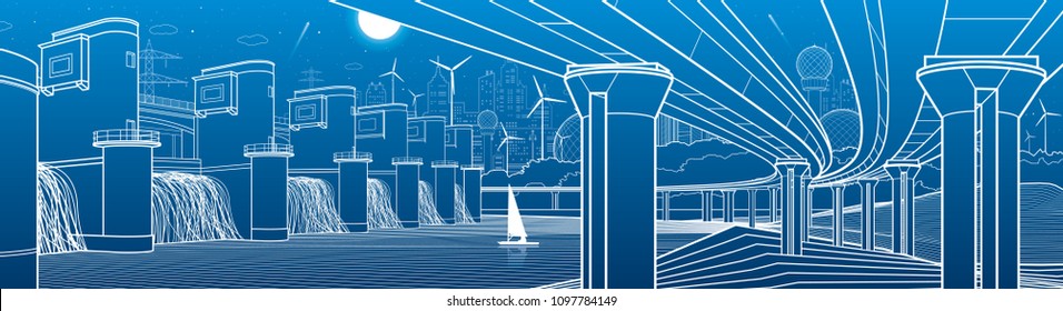 City infrastructure industrial and energy illustration panorama. Hydro power plant. River Dam. Large automobile bridge. White lines on blue background. Vector design art