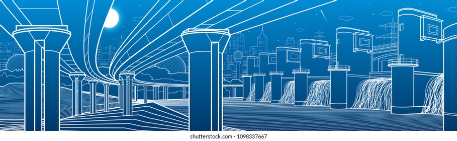City infrastructure industrial and energy illustration panorama. Hydro power plant. River Dam. Large automobile bridge. White lines on blue background. Vector design art