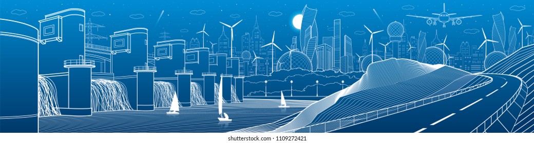 City infrastructure industrial and energy illustration panorama. Hydro power plant. River Dam. Automobile road in mountains. White lines on blue background. Vector design art