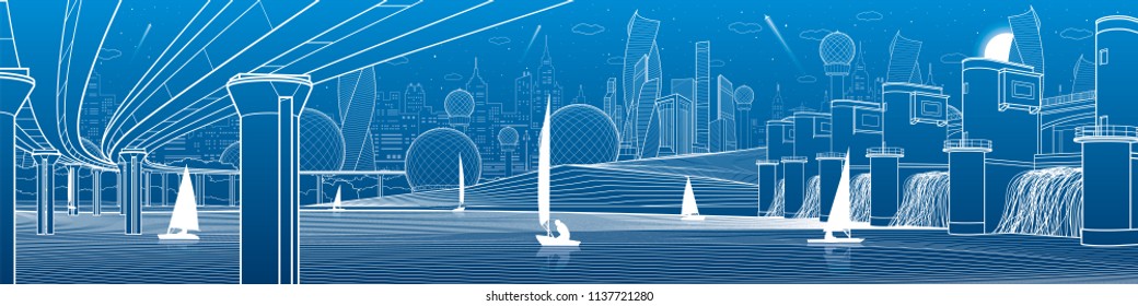 City infrastructure industrial and energy illustration panorama. Hydro power plant. River Dam. Large automobile bridge. White lines on blue background. Vector design art