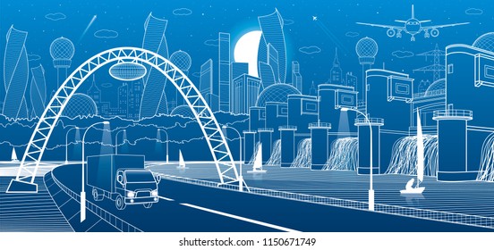 City infrastructure industrial and energy illustration. Hydro power plant. River Dam. Automobile road. Car move on Illuminated highway. Big bridge. White lines on blue background. Vector design art