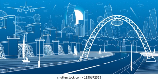 City infrastructure industrial and energy illustration. Hydro power plant. River Dam. Automobile road. Illuminated highway. White lines on blue background. Vector design art
