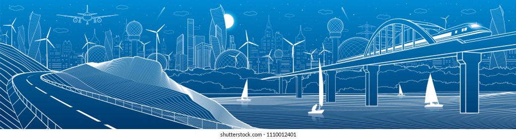 City infrastructure industrial and transport illustration panorama. Train travels along  railway bridge over river. Automobile road in mountains. White lines on blue background. Vector design art