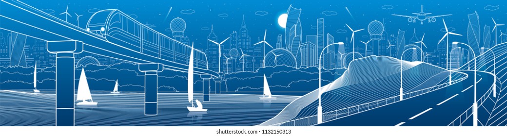 City infrastructure industrial and transport illustration panorama. Train travels along  railway bridge over river. Automobile road in mountains. White lines on blue background. Vector design art