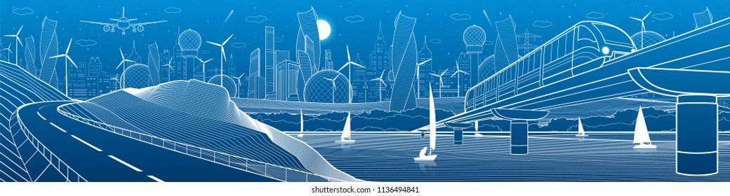 City infrastructure industrial and transport illustration panorama. Train travels along  railway bridge over river. Automobile road in mountains. White lines on blue background. Vector design art