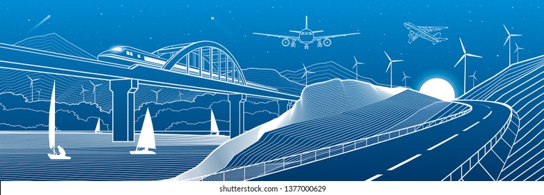 City infrastructure industrial and transport illustration panorama. Train travels along  railway bridge over river. Automobile road in mountains. White lines on blue background. Vector design art