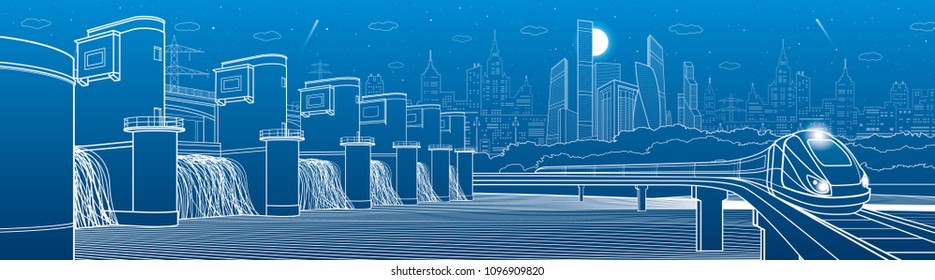 City Infrastructure Industrial And Transportation Illustration Panorama. Hydro Power Plant. River Dam. Energy Station. Train Move On Bridge. White Lines On Blue Background. Vector Design Art